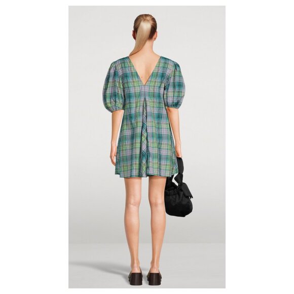 Ganni Puff Sleeve Lagoon Seersucker Check Plaid Mini Dress Preppy Scandi Girl - Picture 5 of 16